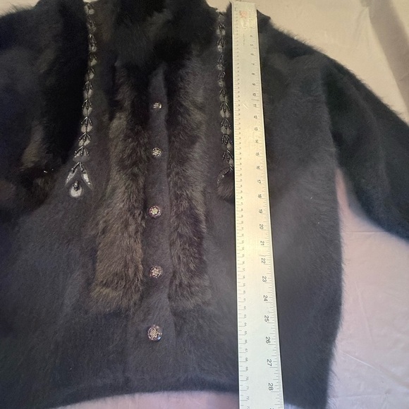 Vintage Black Fur-Trimmed Embellished Button Cardigan Sweater Size Large - Picture 7 of 11
